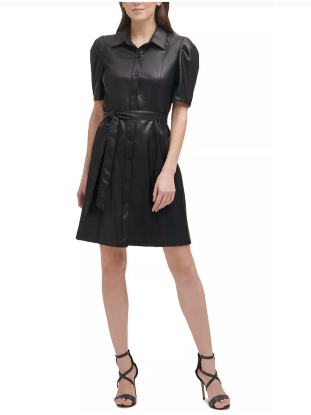 DKNY Black Faux-Leather Shirt Dress with Belt Size 8